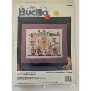 Vtg Bucilla Counted Cross Stitch Kit Circus Birth Record 10" x 13" 1992 Sealed